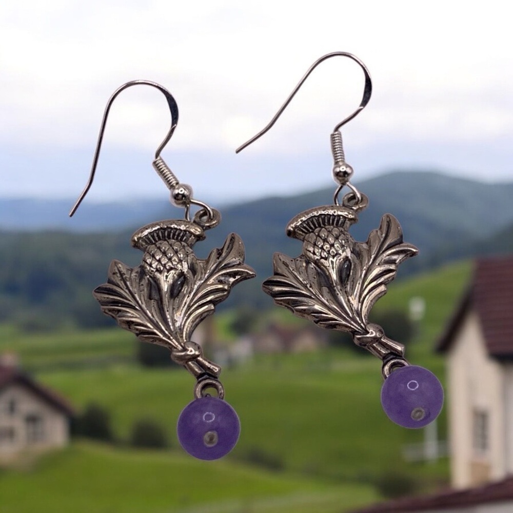 Sterling Silver Scottish Thistle Earrings with Genuine Purple Amethyst Accents - Picture 3 of 9
